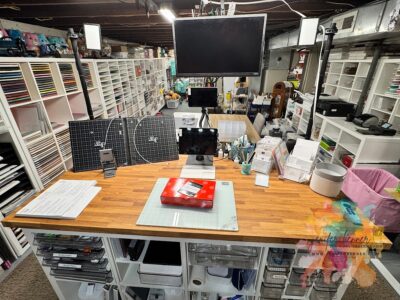 Work Station - I use the tv to view the comments when I do live.
this is 2 set of 2x4 on stand - back to back using LAGKAPTEN tabletop with heavy duty contact paper.