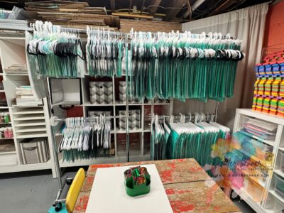 Behind those is the 4x4 on stand which house fabrics at this point.
those are my chalk couture transfers which is retired and are up for sale.