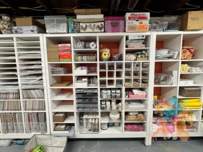 This house the paper pumpkin and kit collections from Stampin' Up! Also paint supplies (which will moved to the area where the current chalk couture inventory is once it's depleted.)